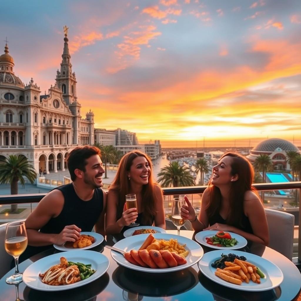 A vibrant sunset over Valencia, showcasing the stunning architecture of the Ayuntamiento with its intricate details, alongside the breathtaking view of the Oceanogràfic featuring colorful marine life