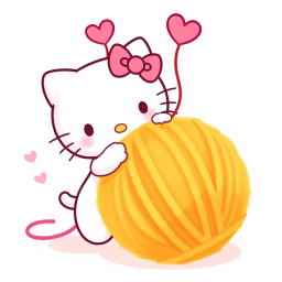 An adorable illustration of Hello Kitty playfully interacting with a large, warm, fuzzy yarn ball