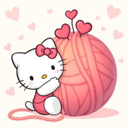 An adorable illustration of Hello Kitty playfully interacting with a large, warm, fuzzy yarn ball