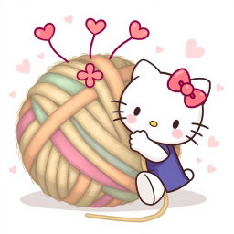 An adorable illustration of Hello Kitty playfully interacting with a large, warm, fuzzy yarn ball
