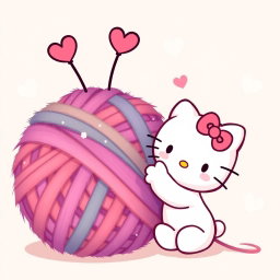 An adorable illustration of Hello Kitty playfully interacting with a large, warm, fuzzy yarn ball