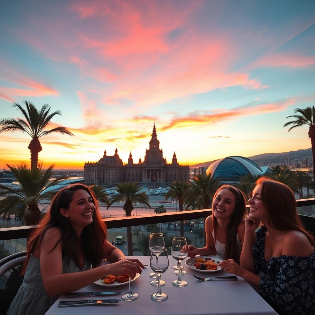 A captivating sunset over Valencia, showcasing the stunning Ayuntamiento with its grand architecture alongside the vibrant marine life at Oceanogràfic
