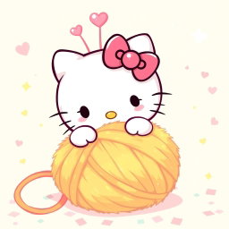 An adorable illustration of Hello Kitty joyfully playing with a large, warm, fuzzy yarn ball, which is vibrant and soft in texture