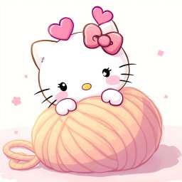 An adorable illustration of Hello Kitty joyfully playing with a large, warm, fuzzy yarn ball, which is vibrant and soft in texture