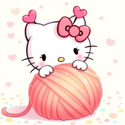 An adorable illustration of Hello Kitty joyfully playing with a large, warm, fuzzy yarn ball, which is vibrant and soft in texture