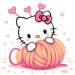 An adorable illustration of Hello Kitty joyfully playing with a large, warm, fuzzy yarn ball, which is vibrant and soft in texture