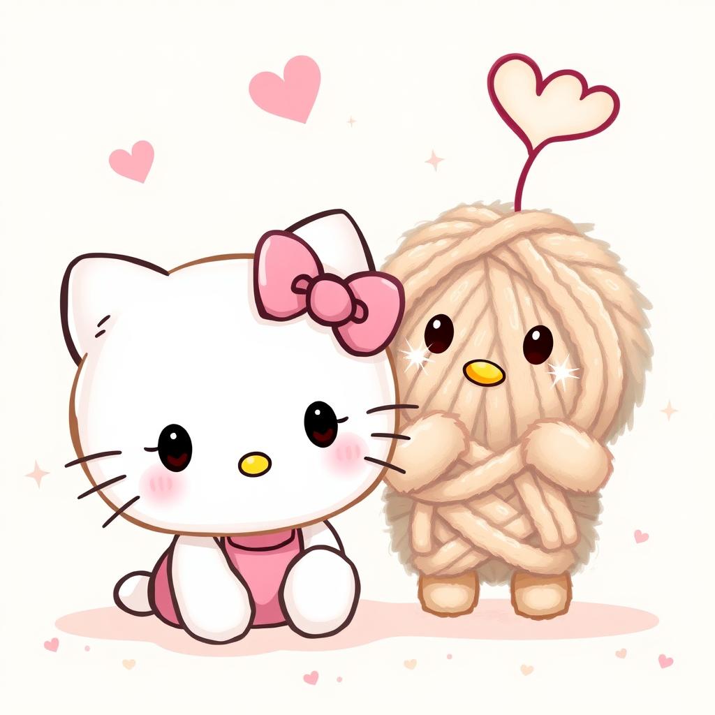 An adorable illustration featuring Hello Kitty alongside a warm, fuzzy yarn person, characterized by its plush texture and charming personality