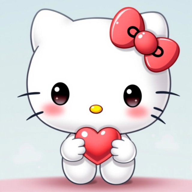 A cute, shy Hello Kitty character, featuring her classic white fur and iconic red bow, with large, sparkling eyes that convey a sense of shyness and innocence