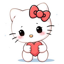 A cute, shy Hello Kitty character, featuring her classic white fur and iconic red bow, with large, sparkling eyes that convey a sense of shyness and innocence