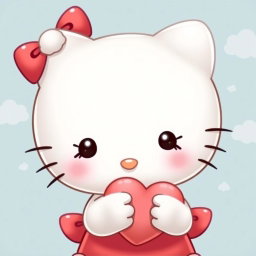 A cute, shy Hello Kitty character, featuring her classic white fur and iconic red bow, with large, sparkling eyes that convey a sense of shyness and innocence