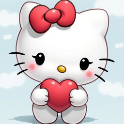 A cute, shy Hello Kitty character, featuring her classic white fur and iconic red bow, with large, sparkling eyes that convey a sense of shyness and innocence