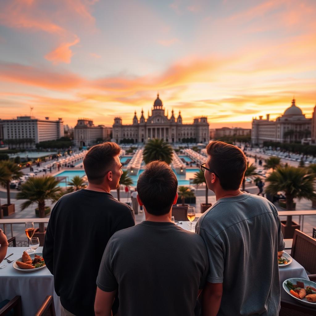 A breathtaking sunset scene in Valencia, highlighting the majestic Ayuntamiento and the stunning marine life at Oceanogràfic