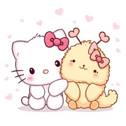 An adorable illustration of Hello Kitty alongside a warm, fuzzy character that has charming heart-shaped antennas on its head