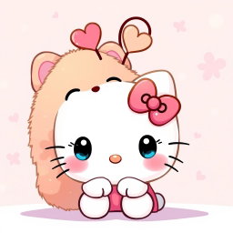 An adorable illustration of Hello Kitty alongside a warm, fuzzy character that has charming heart-shaped antennas on its head