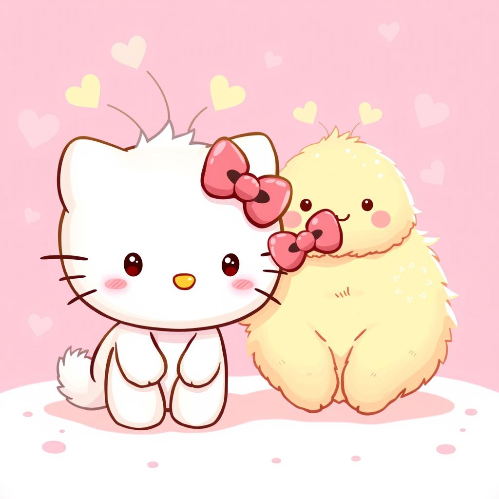 An adorable illustration of Hello Kitty alongside a warm, fuzzy character that has charming heart-shaped antennas on its head