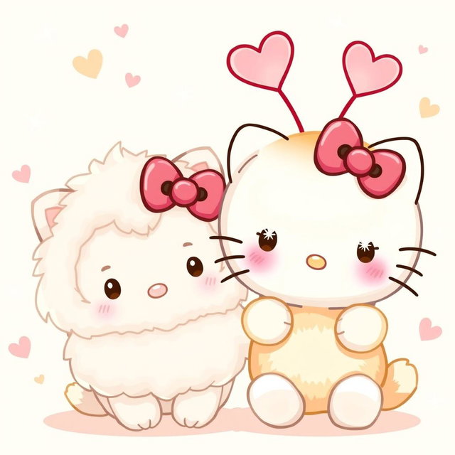 An adorable illustration of Hello Kitty alongside a warm, fuzzy character that has charming heart-shaped antennas on its head