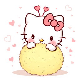 A charming illustration of Hello Kitty happily interacting with a warm, fuzzy ball that features adorable heart-shaped antennas on top