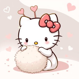 A charming illustration of Hello Kitty happily interacting with a warm, fuzzy ball that features adorable heart-shaped antennas on top