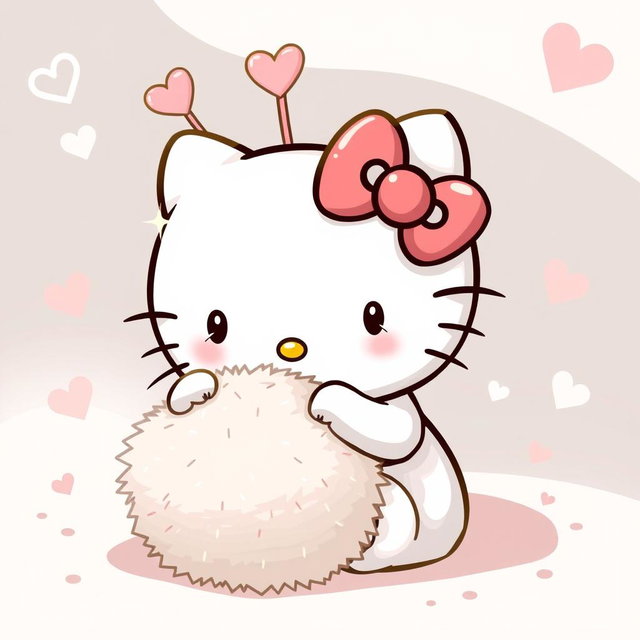A charming illustration of Hello Kitty happily interacting with a warm, fuzzy ball that features adorable heart-shaped antennas on top