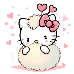 A charming illustration of Hello Kitty happily interacting with a warm, fuzzy ball that features adorable heart-shaped antennas on top