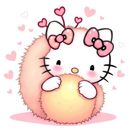 A charming illustration of Hello Kitty happily interacting with a warm, fuzzy ball that features adorable heart-shaped antennas on top