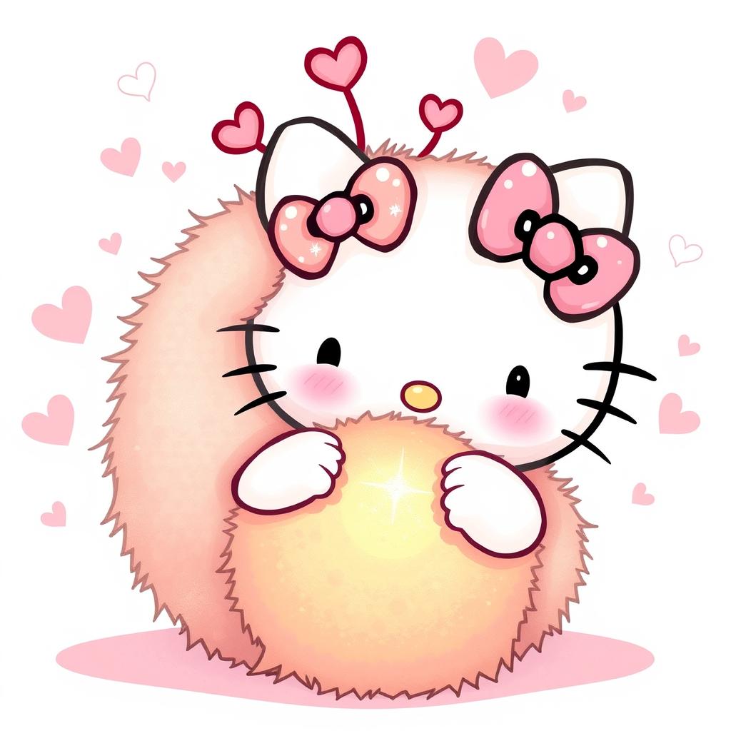 A charming illustration of Hello Kitty happily interacting with a warm, fuzzy ball that features adorable heart-shaped antennas on top