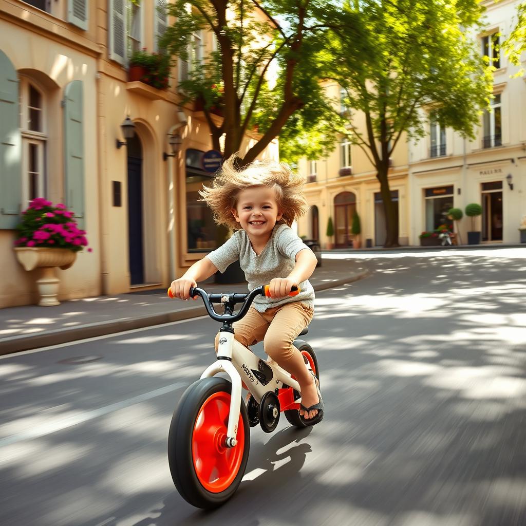 A young white boy joyfully riding a big wheel bike at high speed down a charming street in France