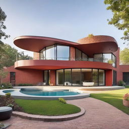 A modern, curved-shaped home with four bedrooms and three bathrooms, constructed with red interlocking bricks. The residence has an open floor plan, high ceilings, and features an airy loft area.