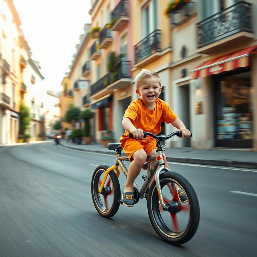 A young white boy with short hair energetically riding a big wheel bike at high speed down a lively street in France