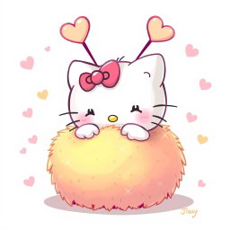 A delightful illustration of Hello Kitty joyfully interacting with a warm, fuzzy ball that features adorable heart-shaped antennas on top