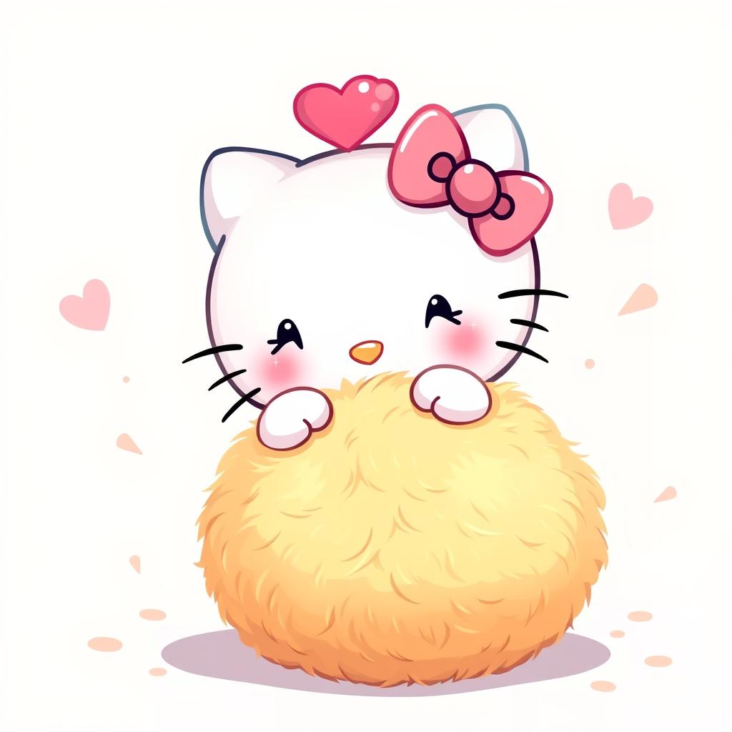 A delightful illustration of Hello Kitty joyfully interacting with a warm, fuzzy ball that features adorable heart-shaped antennas on top