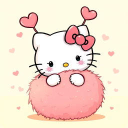 A delightful illustration of Hello Kitty joyfully interacting with a warm, fuzzy ball that features adorable heart-shaped antennas on top