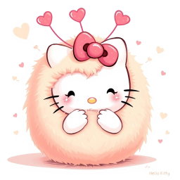 A delightful illustration of Hello Kitty joyfully interacting with a warm, fuzzy ball that features adorable heart-shaped antennas on top