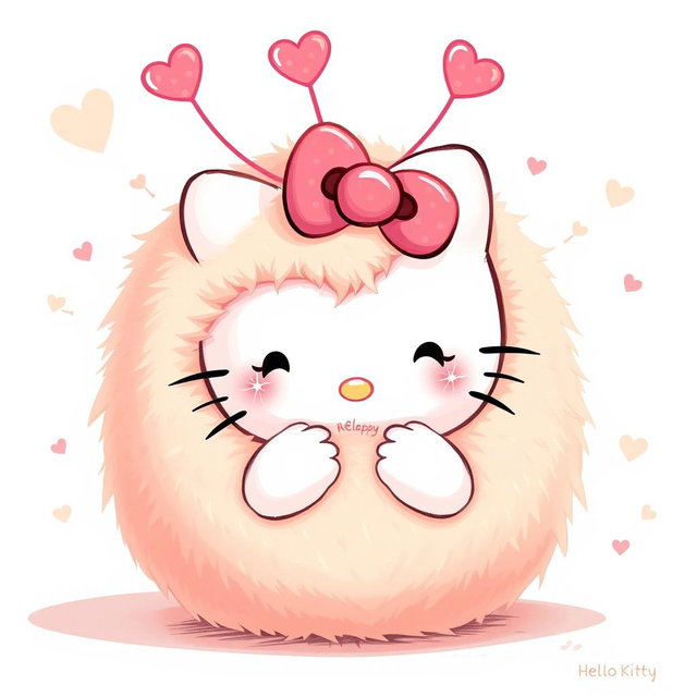 A delightful illustration of Hello Kitty joyfully interacting with a warm, fuzzy ball that features adorable heart-shaped antennas on top