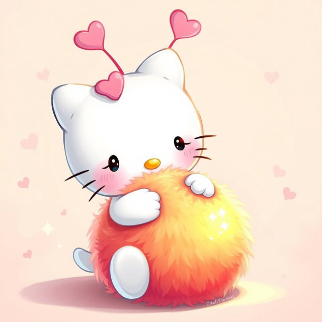 An enchanting illustration of Hello Kitty playing joyfully with a warm, fuzzy ball that has cute heart-shaped antennas sprouting from the top