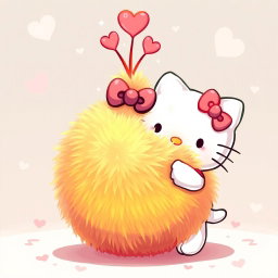 An enchanting illustration of Hello Kitty playing joyfully with a warm, fuzzy ball that has cute heart-shaped antennas sprouting from the top