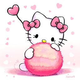 An enchanting illustration of Hello Kitty playing joyfully with a warm, fuzzy ball that has cute heart-shaped antennas sprouting from the top