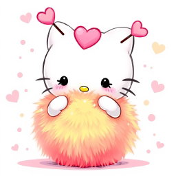 An enchanting illustration of Hello Kitty playing joyfully with a warm, fuzzy ball that has cute heart-shaped antennas sprouting from the top