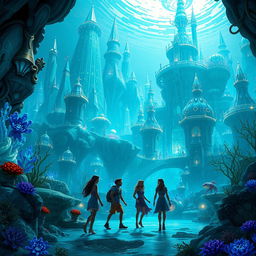 An imaginative scene inspired by Disney's Atlantis, featuring a vibrant underwater city teeming with bioluminescent plants and futuristic architecture