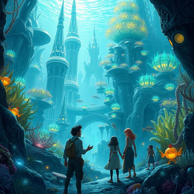 An imaginative scene inspired by Disney's Atlantis, featuring a vibrant underwater city teeming with bioluminescent plants and futuristic architecture