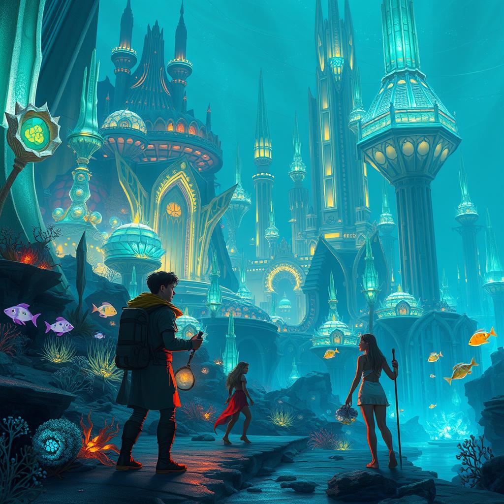 An imaginative scene inspired by Disney's Atlantis, featuring a vibrant underwater city teeming with bioluminescent plants and futuristic architecture