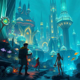 An imaginative scene inspired by Disney's Atlantis, featuring a vibrant underwater city teeming with bioluminescent plants and futuristic architecture