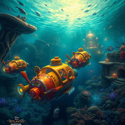 A captivating dark ride concept themed around Disney's Atlantis submarine adventure, depicting a thrilling underwater journey through mesmerizing ocean landscapes
