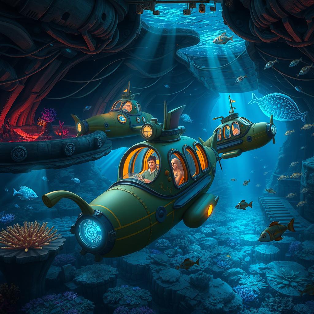 A captivating dark ride concept themed around Disney's Atlantis submarine adventure, depicting a thrilling underwater journey through mesmerizing ocean landscapes
