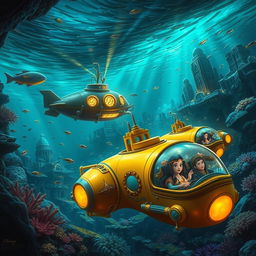 A captivating dark ride concept themed around Disney's Atlantis submarine adventure, depicting a thrilling underwater journey through mesmerizing ocean landscapes