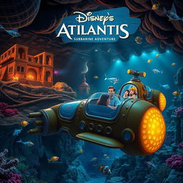 A captivating dark ride concept themed around Disney's Atlantis submarine adventure, depicting a thrilling underwater journey through mesmerizing ocean landscapes