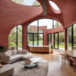 A modern, curved-shaped home with four bedrooms and three bathrooms, constructed with red interlocking bricks. The residence has an open floor plan, high ceilings, and features an airy loft area.