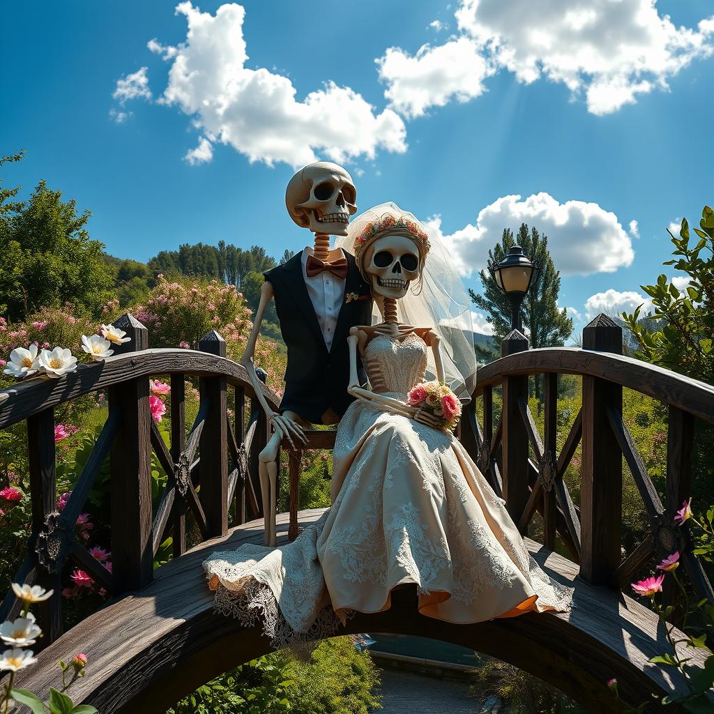 A whimsical scene featuring a bride and groom skeleton sitting together on a picturesque bridge