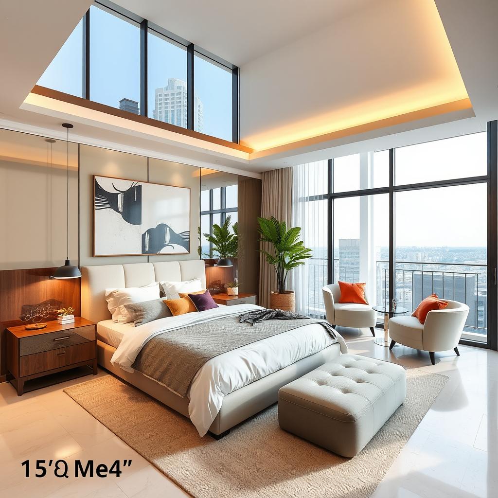 A modern master bedroom measuring 15 square meters, featuring a spacious and well-lit atmosphere