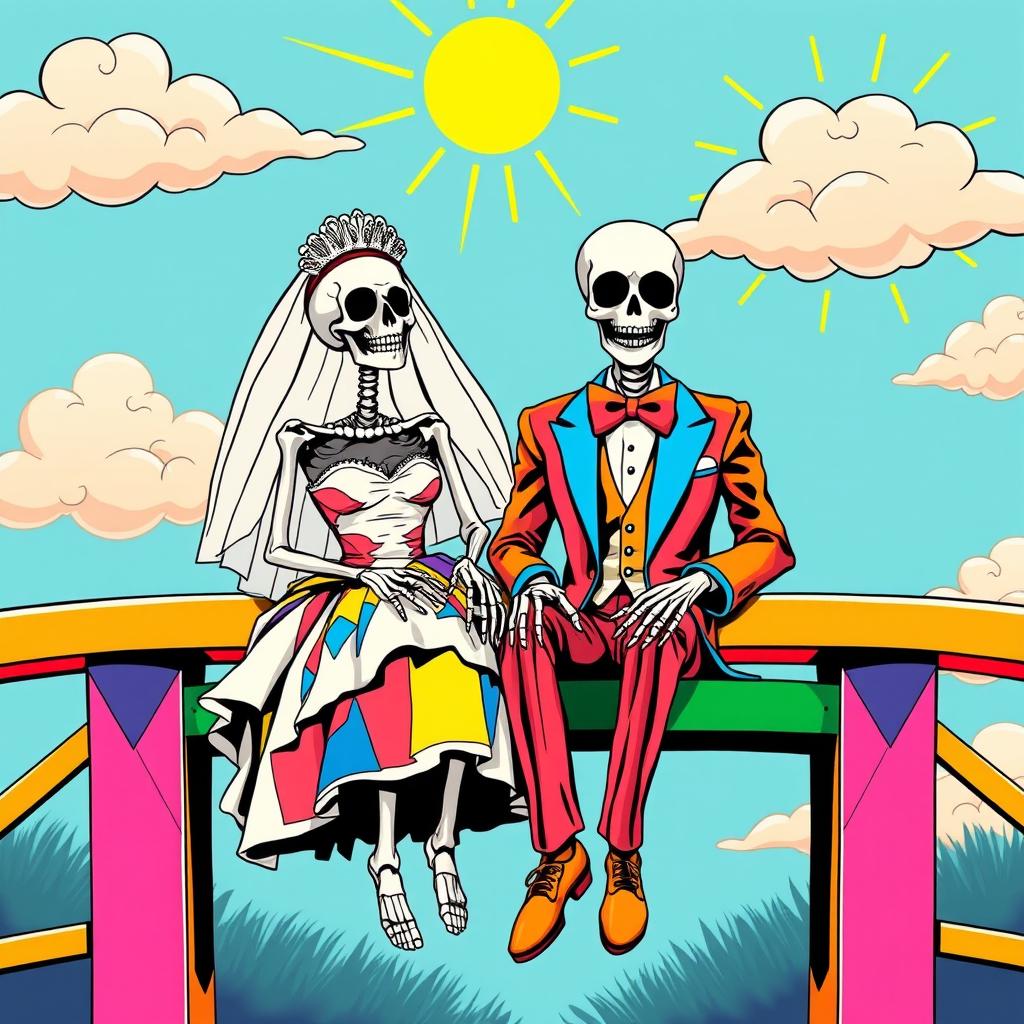 A vibrant pop art scene featuring a bride and groom skeleton sitting on a colorful bridge